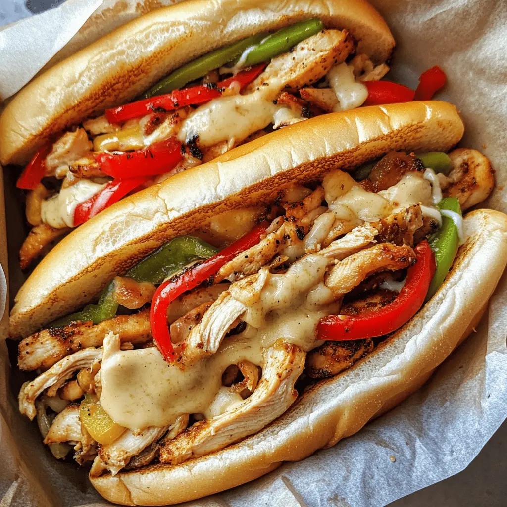 Craving a quick and tasty dinner? These Chicken Philly Cheese Steaks are packed with juicy chicken, melty cheese, and vibrant bell peppers. Perfectly seasoned and easy to whip up, they make a satisfying meal any night of the week. Save this recipe for your next family dinner or game day feast—you won't regret it!