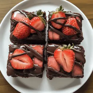 These Chocolate Covered Strawberry Brownies are the perfect blend of rich chocolate and fresh strawberries. With a fudgy brownie base topped with creamy chocolate ganache and juicy strawberries, they are a treat everyone will love. Perfect for parties, special occasions, or just because! Save this recipe to impress friends and family with a delightful dessert!