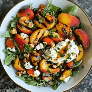 Sweet, caramelized grilled peaches paired with creamy burrata make this salad a delightful treat! Perfect for summer gatherings or light dinners, this recipe features fresh arugula, tangy balsamic glaze, and a sprinkle of crunchy walnuts. Save this pin for a refreshing, easy-to-make salad that's sure to impress your guests!