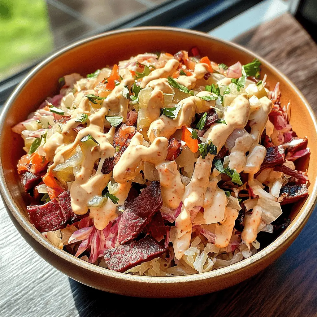 Enjoy a delicious twist on a classic with this Reuben in a Bowl! Packed with tender corned beef, tangy sauerkraut, and melty Swiss cheese, all topped with a creamy dressing. This easy, low-carb recipe is perfect for lunch or dinner. Save this pin for a hearty meal that's bursting with flavor and goodness!