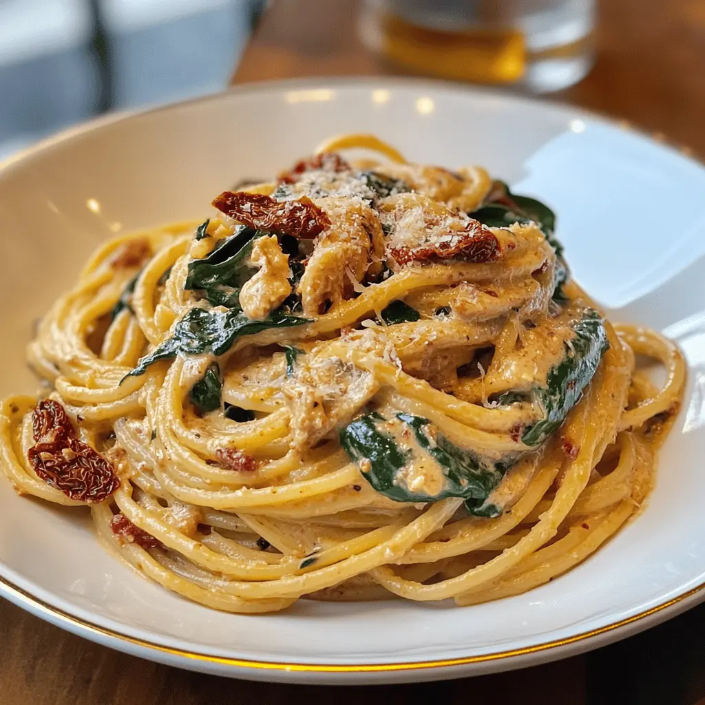 Easy Creamy Spaghetti with Spinach and Sun-Dried Tomatoes