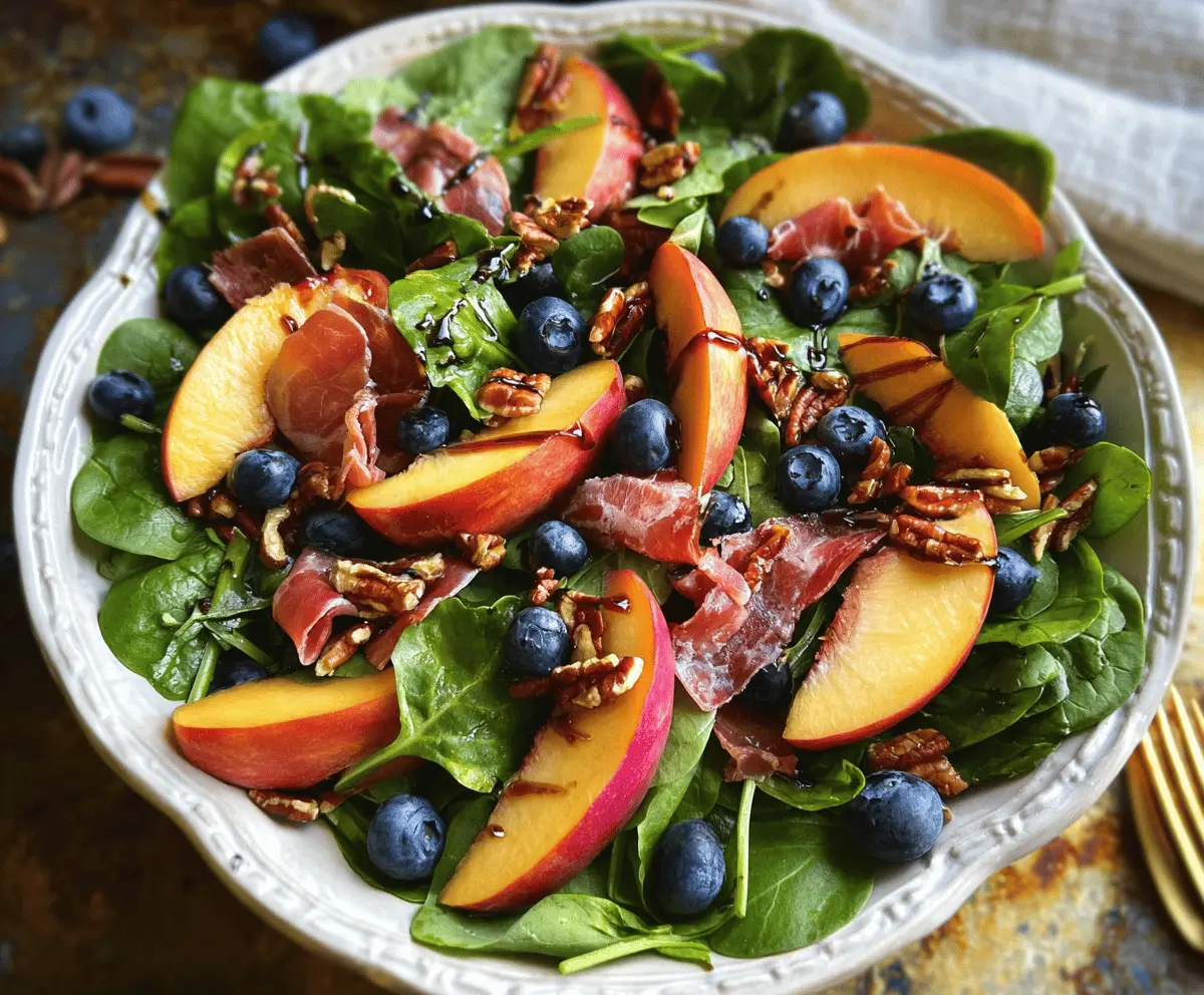 Easy Peach Blueberry Spinach Salad with Pecans and Prosciutto