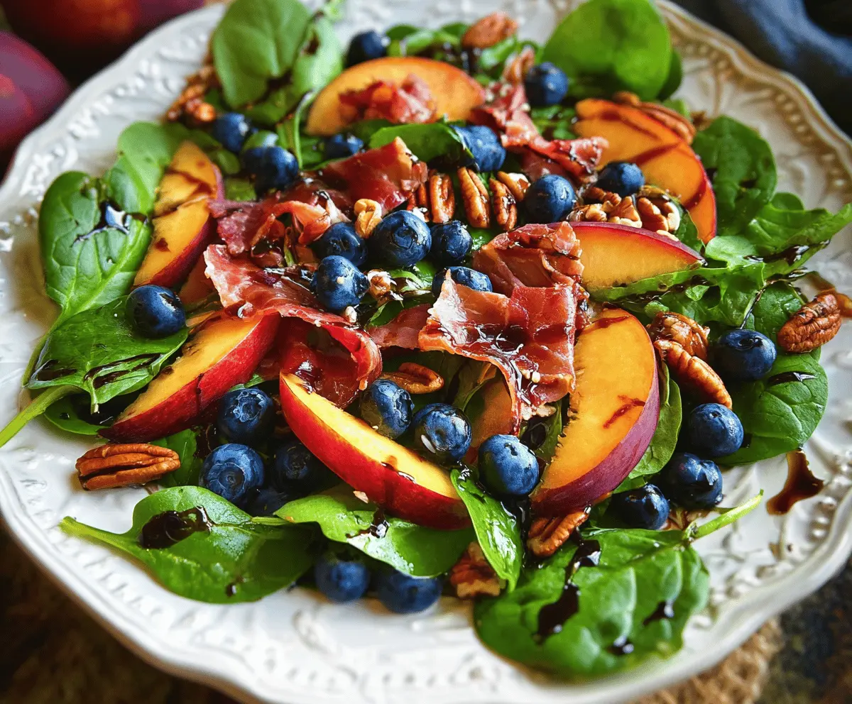 Easy Peach Blueberry Spinach Salad with Pecans and Prosciutto