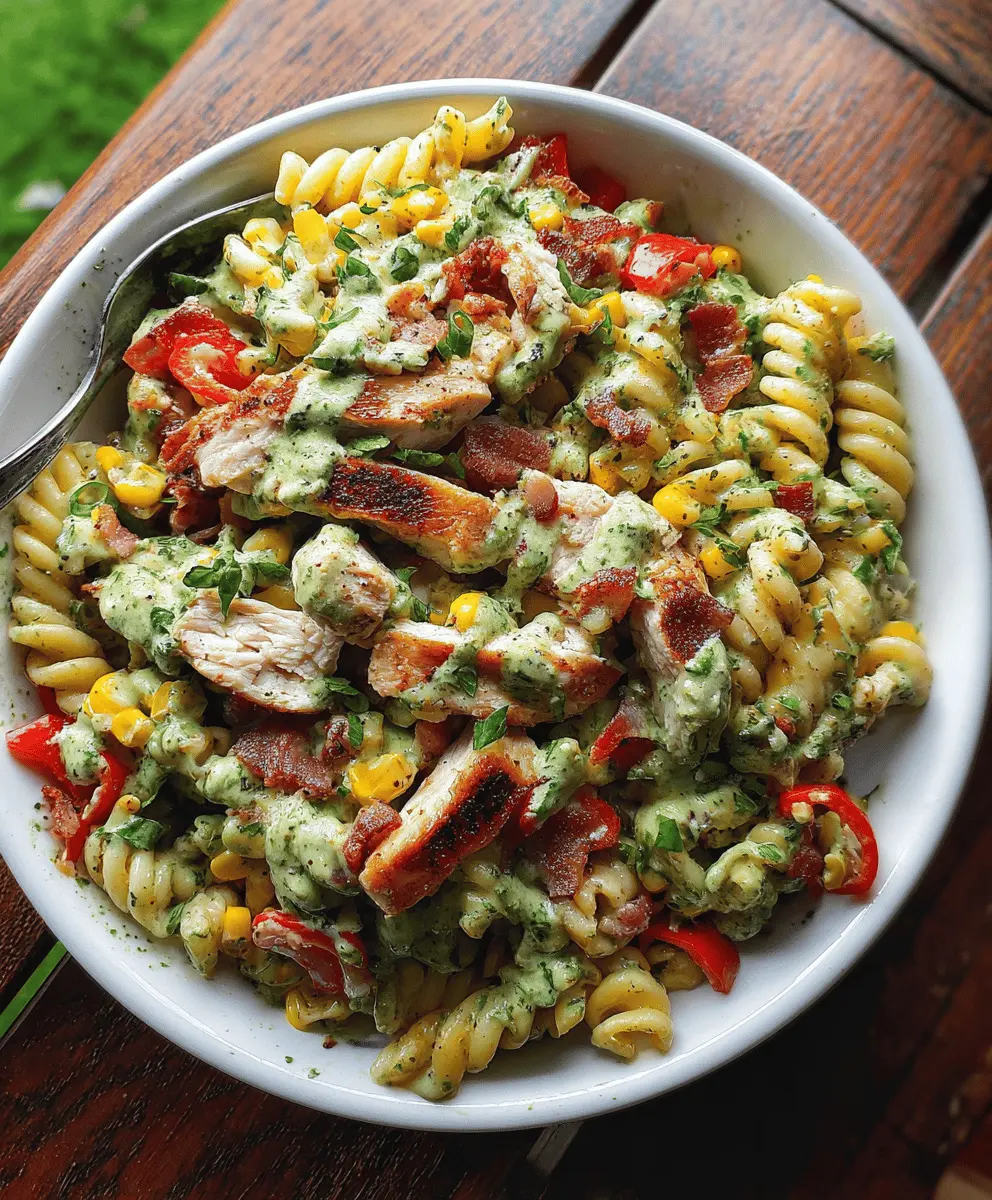 Creamy Chicken Bacon Pasta Salad with Pesto