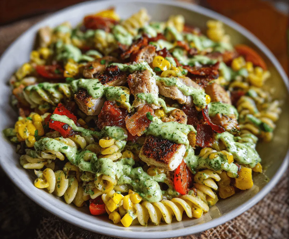 Creamy Chicken Bacon Pasta Salad with Pesto