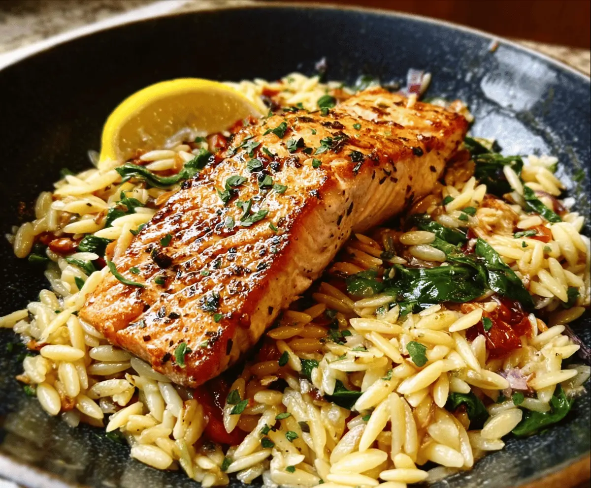 Easy One Skillet Salmon with Lemon Orzo