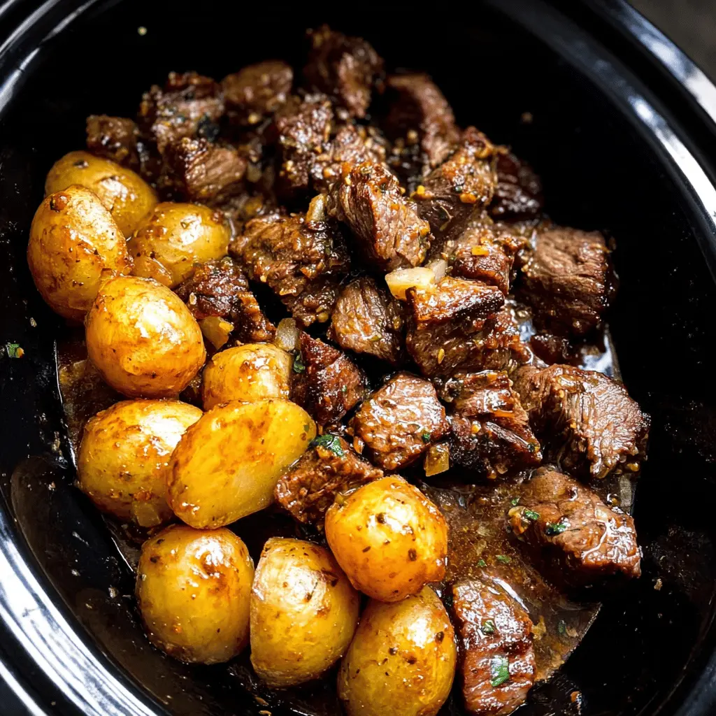 Slow Cooker Garlic Butter Beef Bites with Potatoes