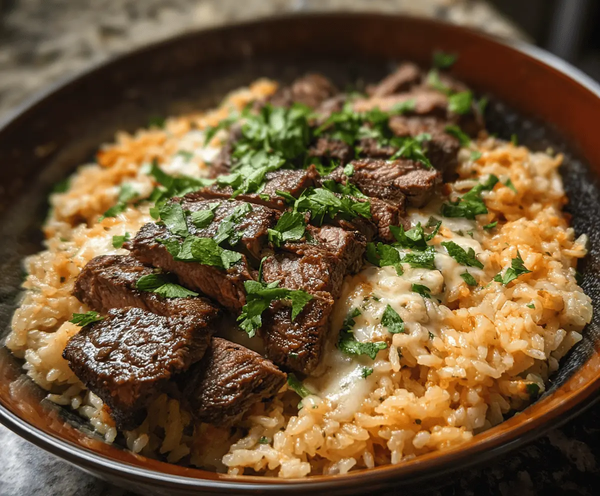 Creamy Queso Rice with Juicy Steak Strips Recipe