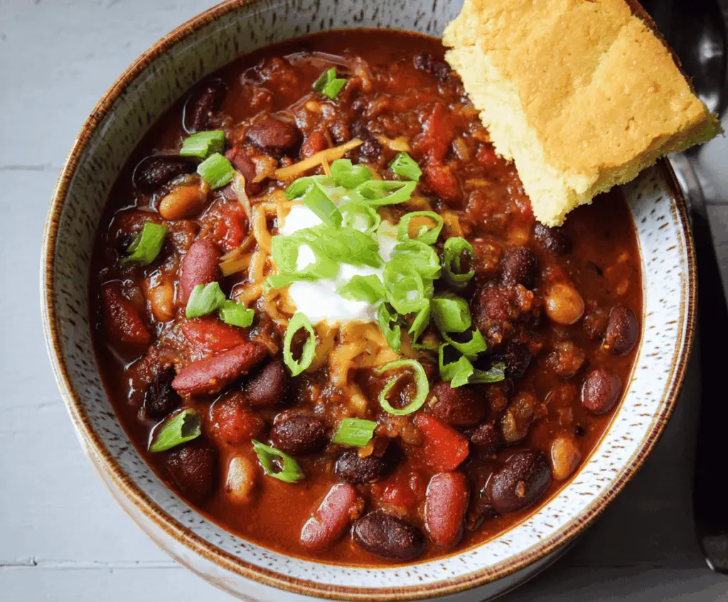 Hearty 3-Bean Chili in a bowl with fresh toppings, featuring kidney beans, black beans, and pinto beans in a rich tomato sauce.
