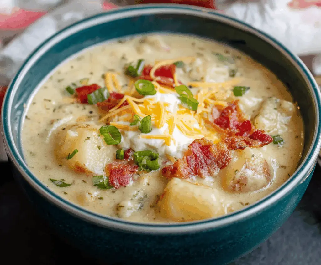 Creamy 30-Minute Potato Soup served in a bowl with fresh herbs and crispy bread on the side, perfect for a quick and comforting meal.