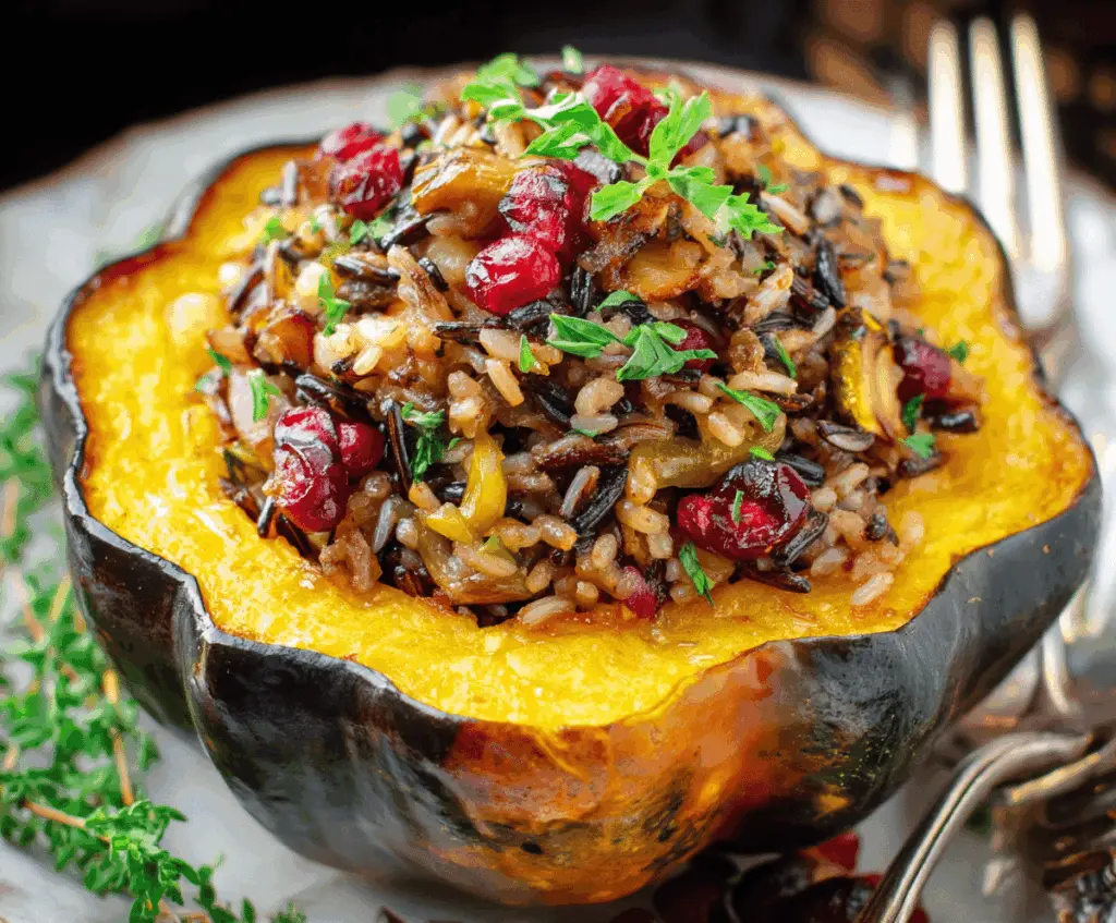 Roasted acorn squash halves filled with savory wild rice, cranberries, and herbs for a festive, healthy dish.