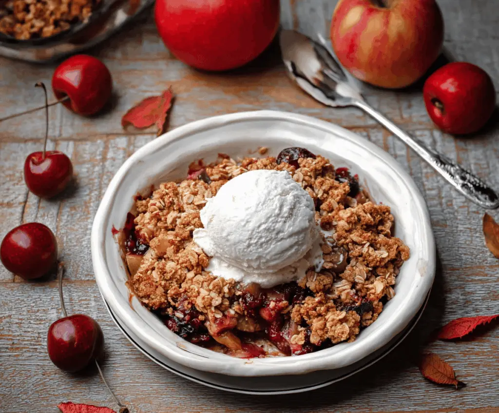 Delicious homemade apple cherry crisp topped with golden brown oats and crumbly streusel, served in a rustic baking dish
