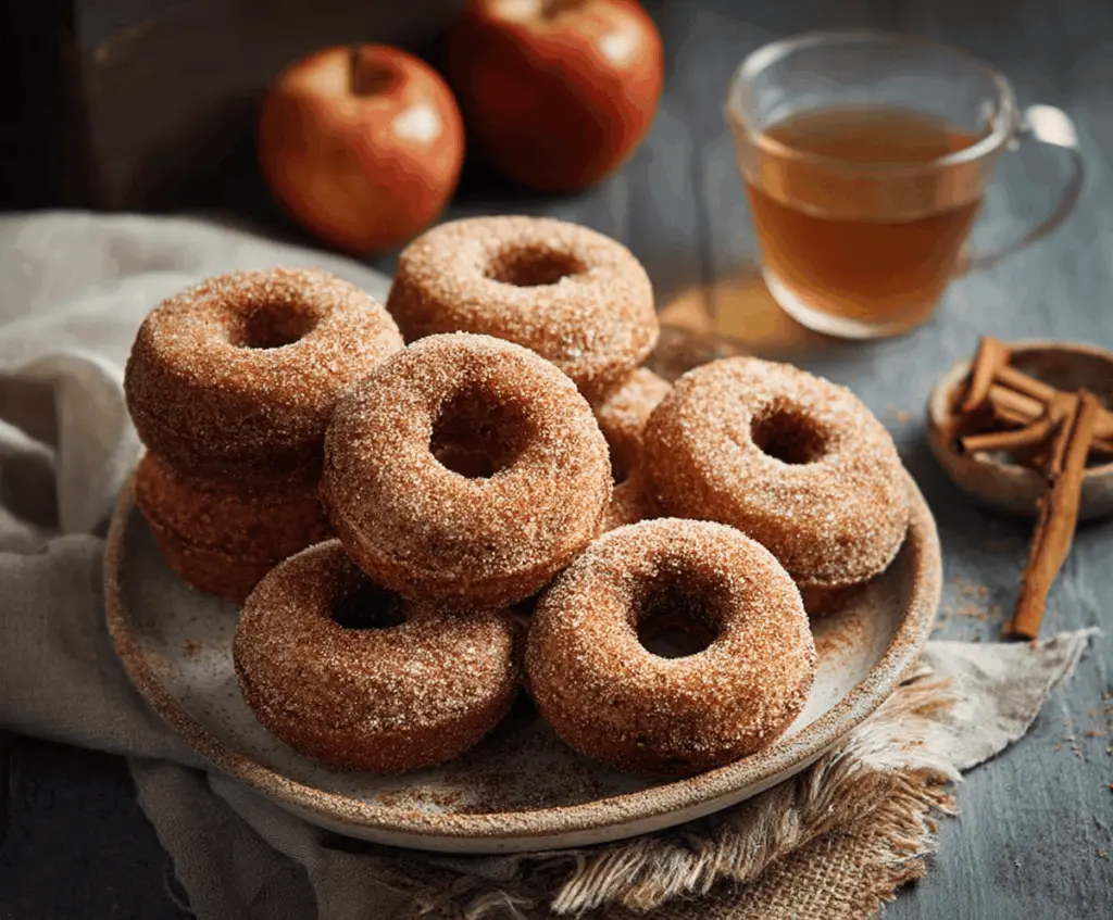 Freshly baked apple cider donuts coated with cinnamon sugar on a rustic plate, perfect for fall treats.