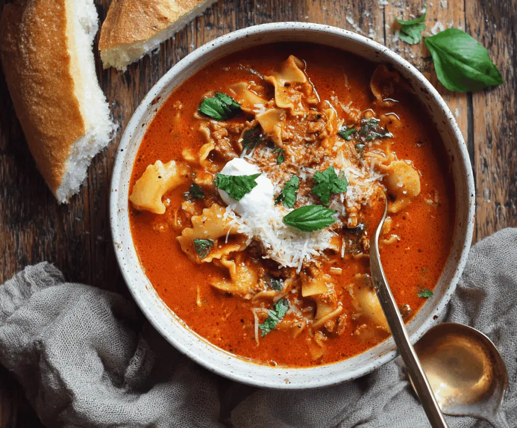 Spicy Arrabbiata Lasagna Soup in a bowl with melted cheese and fresh basil garnishes, ready to serve