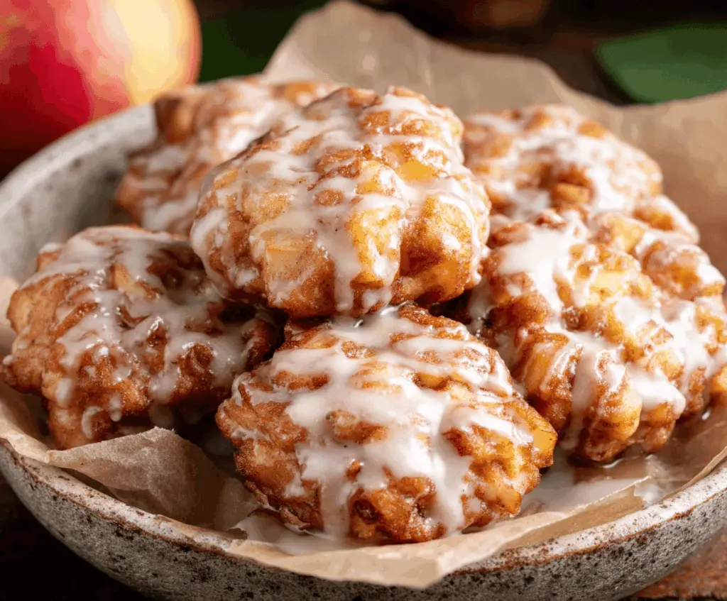 Delicious baked apple fritters topped with sweet glaze, perfect for a flavorful dessert or snack.