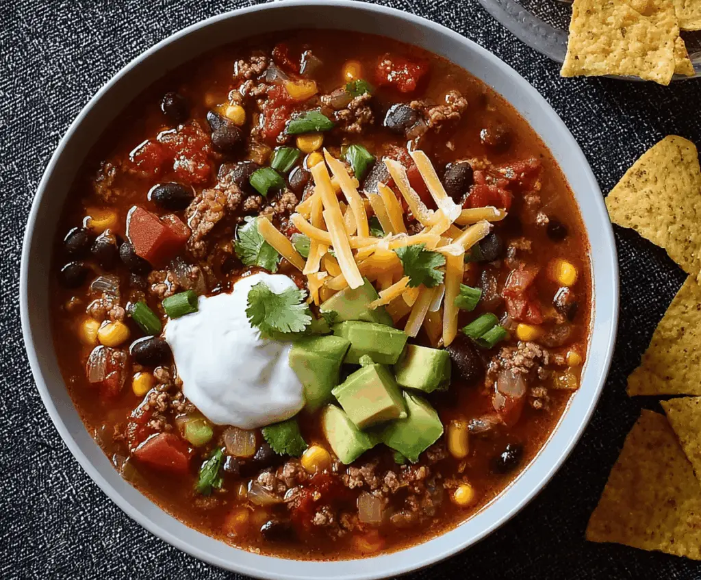 A bowl of Black Bean Taco Soup topped with shredded cheese, sour cream, and fresh cilantro, served with tortilla chips on the side.