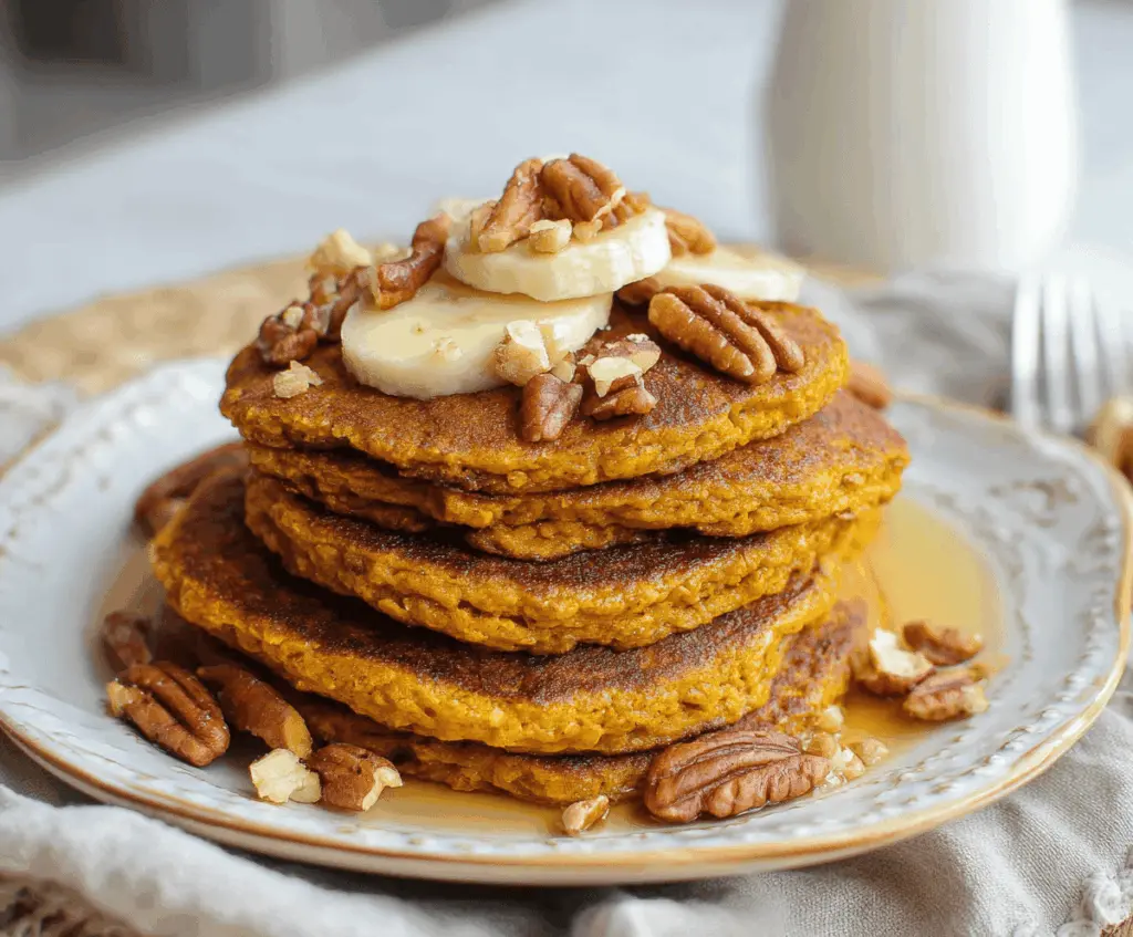 Creamy blender pumpkin oatmeal pancakes topped with fresh fruit and maple syrup, perfect for a cozy breakfast