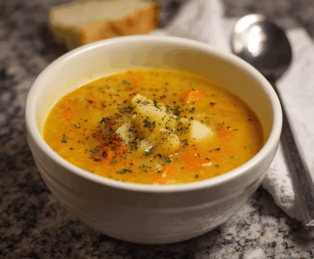 Creamy carrot and potato soup served in a bowl with fresh herbs, perfect for a warm, comforting meal.