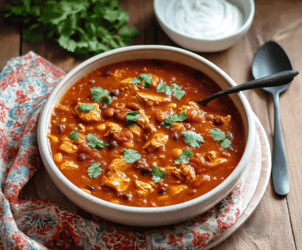 Delicious homemade chicken chili topped with fresh cilantro in a bowl, served with bread on a rustic wooden table.