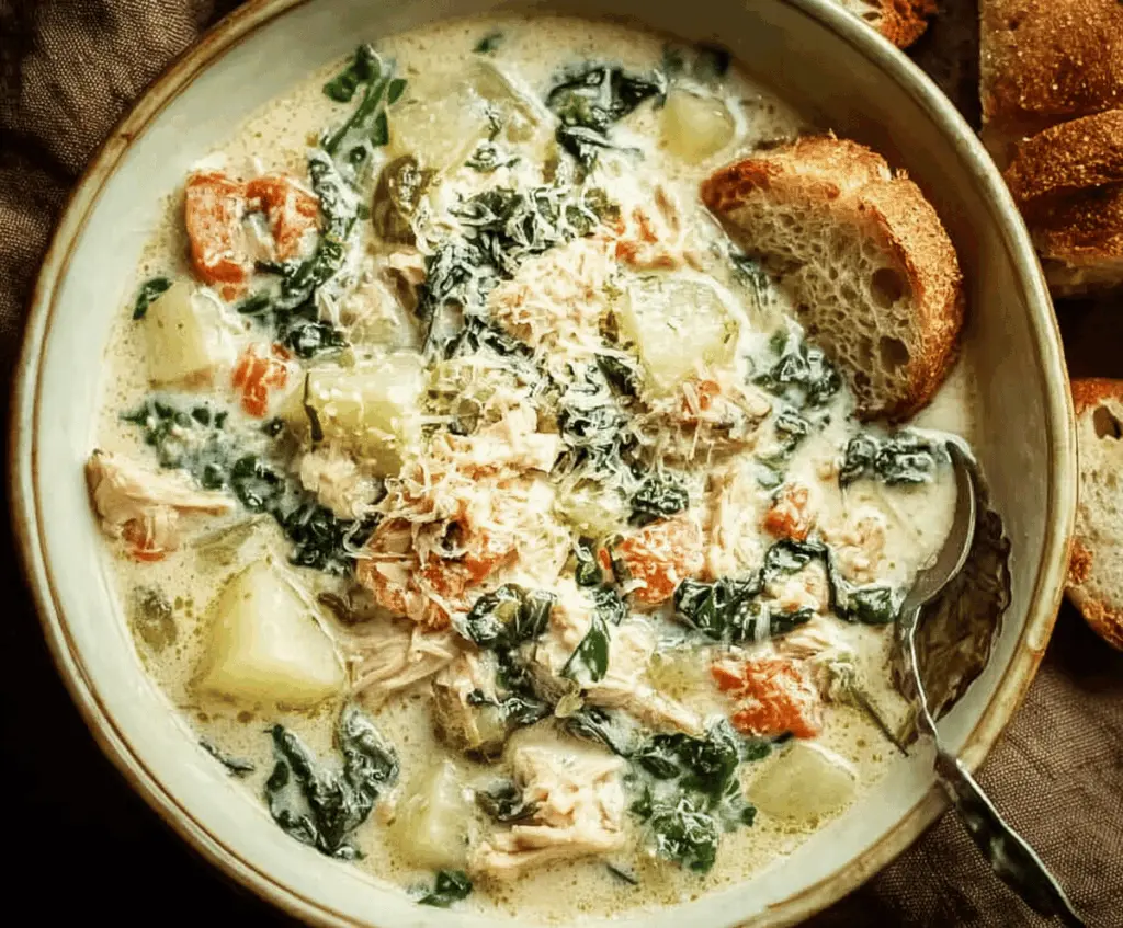 Creamy Chicken Florentine Soup with spinach, tender chicken, and herbs in a bowl, garnished with fresh parsley
