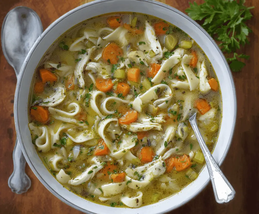 A steaming bowl of chicken noodle soup with vegetables, including carrots, celery, and peas, garnished with fresh herbs, served in a white ceramic bowl.