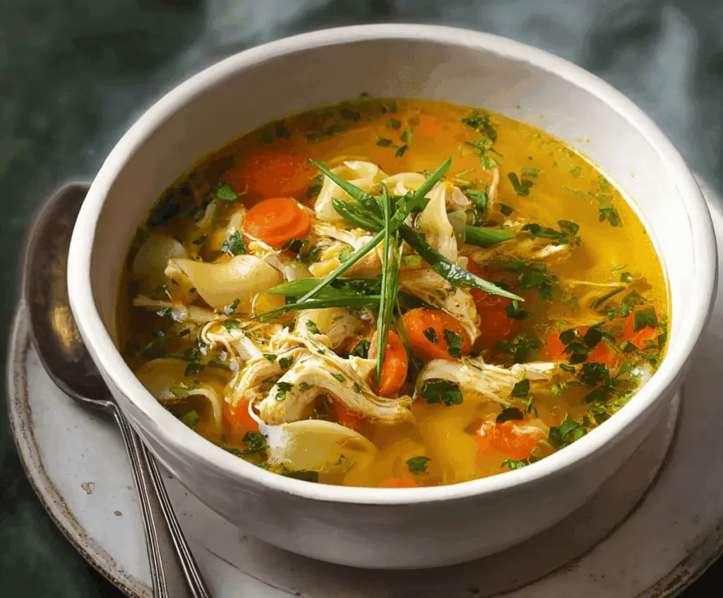 A steaming bowl of homemade chicken soup with tender chicken pieces, fresh vegetables, and herbs, served in a white bowl on a wooden table.