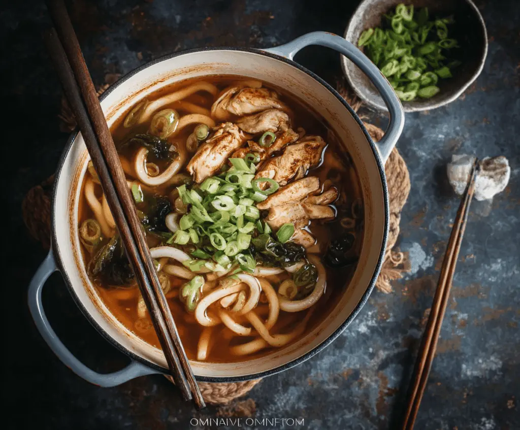 A steaming bowl of Chicken Udon Noodle Soup garnished with sliced chicken, green onions, and soft-boiled eggs, served with udon noodles in a flavorful broth.