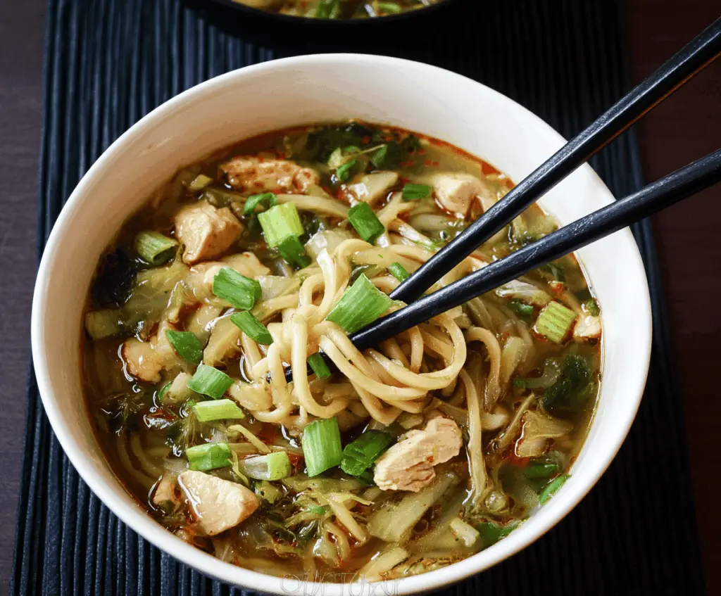 A steaming bowl of Chinese chicken noodle soup garnished with fresh green onions, featuring tender chicken, colorful vegetables, and savory broth on a rustic wooden table.