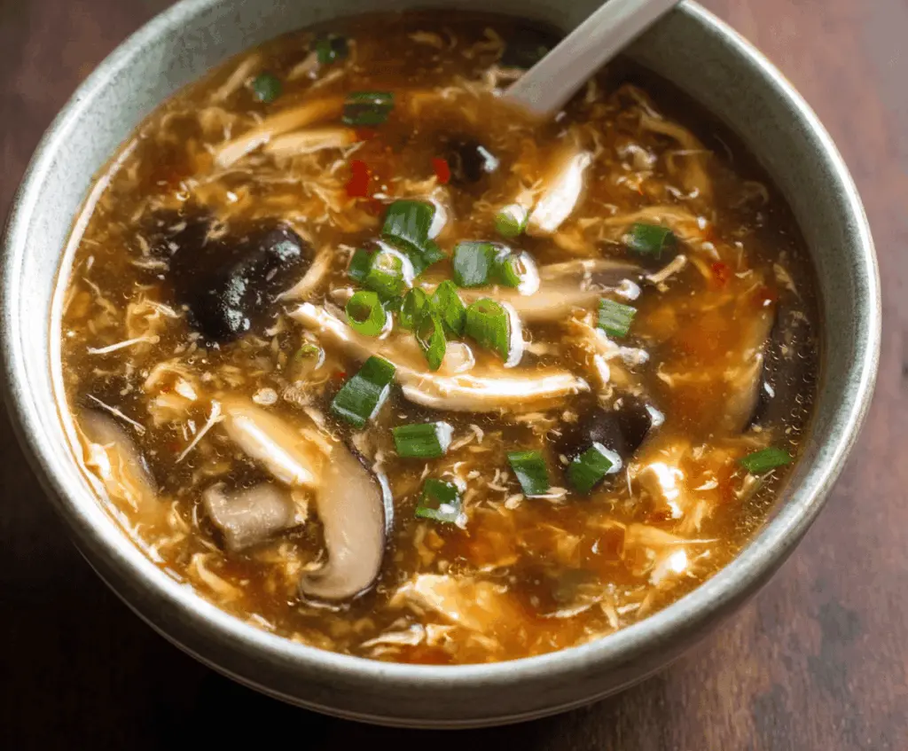 A steaming bowl of Chinese hot and sour soup with tofu, mushrooms, bamboo shoots, and green onions in a flavorful broth.