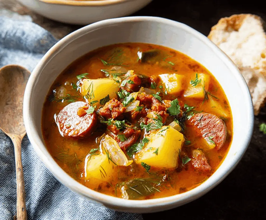 Creamy chorizo and potato soup in a bowl garnished with fresh herbs, perfect for a hearty and flavorful meal.