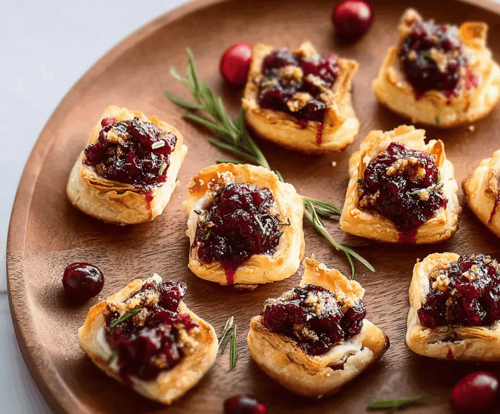 Delicious cranberry brie bites topped with fresh cranberries and herbs on a white plate, perfect for holiday appetizers.