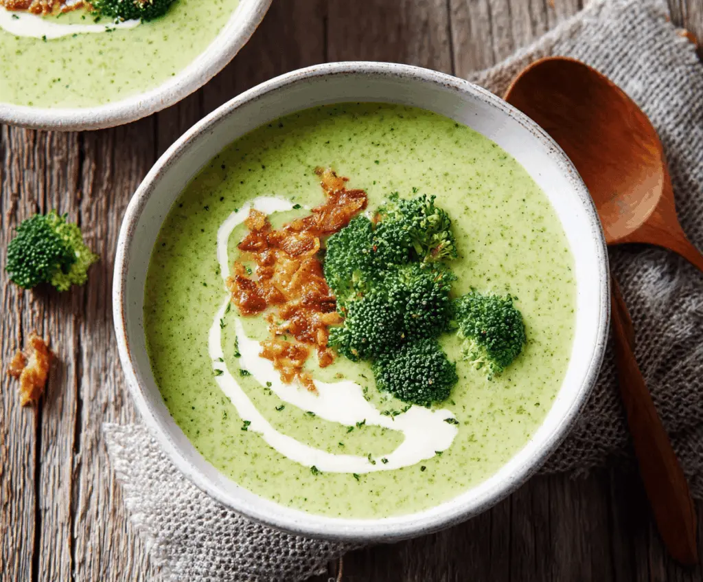 Cream of Broccoli Soup in a bowl topped with fresh herbs, served with a slice of crusty bread on a rustic wooden table.