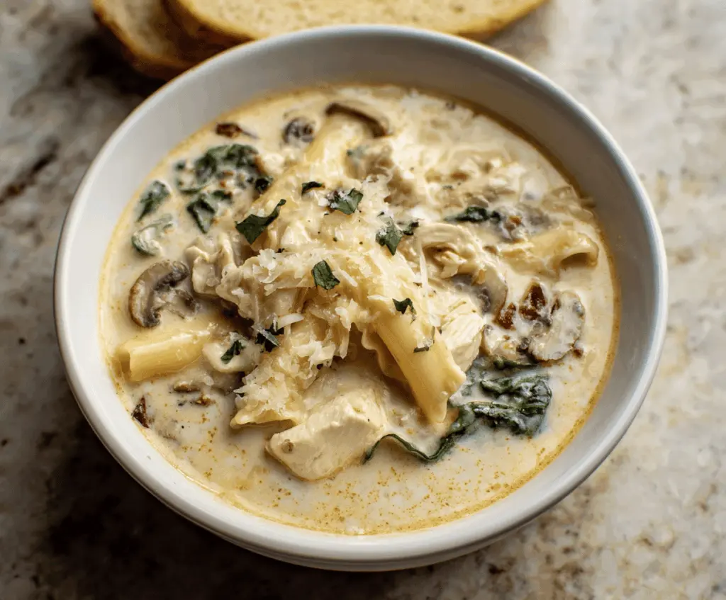 Creamy Chicken Lasagna Soup in a bowl with melted cheese, shredded chicken, and herbs, served with crusty bread on the side.