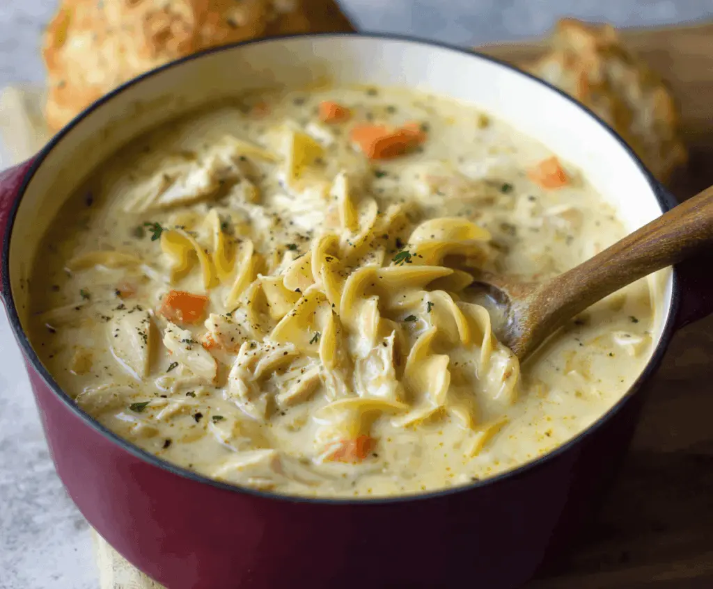Creamy chicken noodle soup in a bowl with vegetables and herbs, served hot for a comforting meal