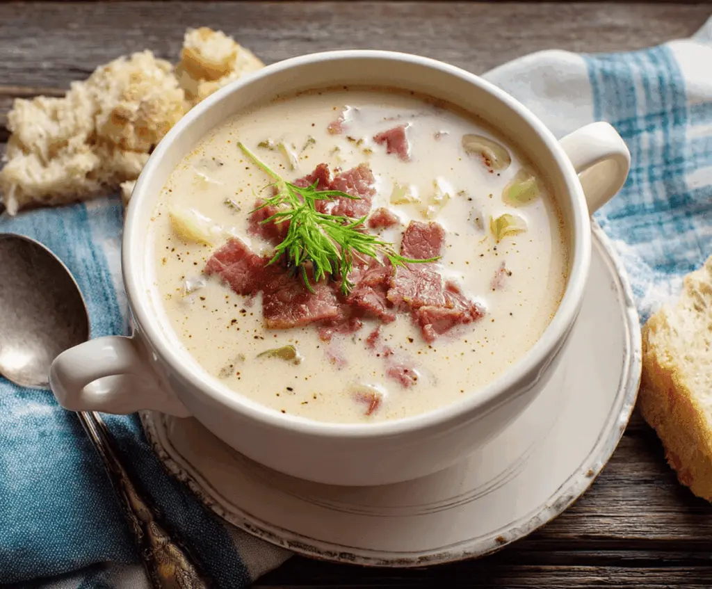 A steaming bowl of creamy Reuben soup topped with melted cheese, corned beef, sauerkraut, and fresh herbs, served in a white bowl with crusty bread on the side.