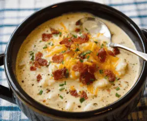 Creamy Crock Pot Crack Potato Soup with shredded cheese, bacon bits, and fresh herbs in a white bowl, perfect for cozy meals