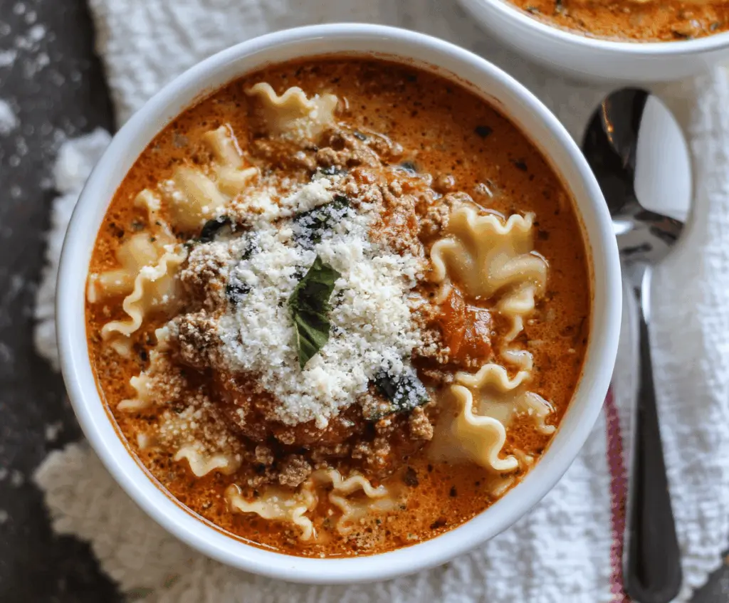 Creamy Crockpot Cheesy Ricotta Lasagna Soup in a bowl topped with melted cheese and fresh herbs
