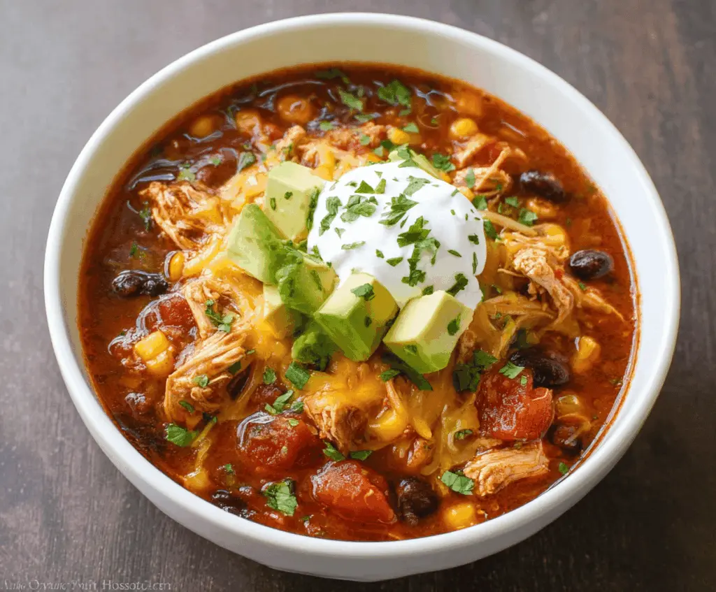 Hearty Crockpot Chicken Taco Soup with tender shredded chicken, beans, corn, and flavorful spices in a crockpot bowl.