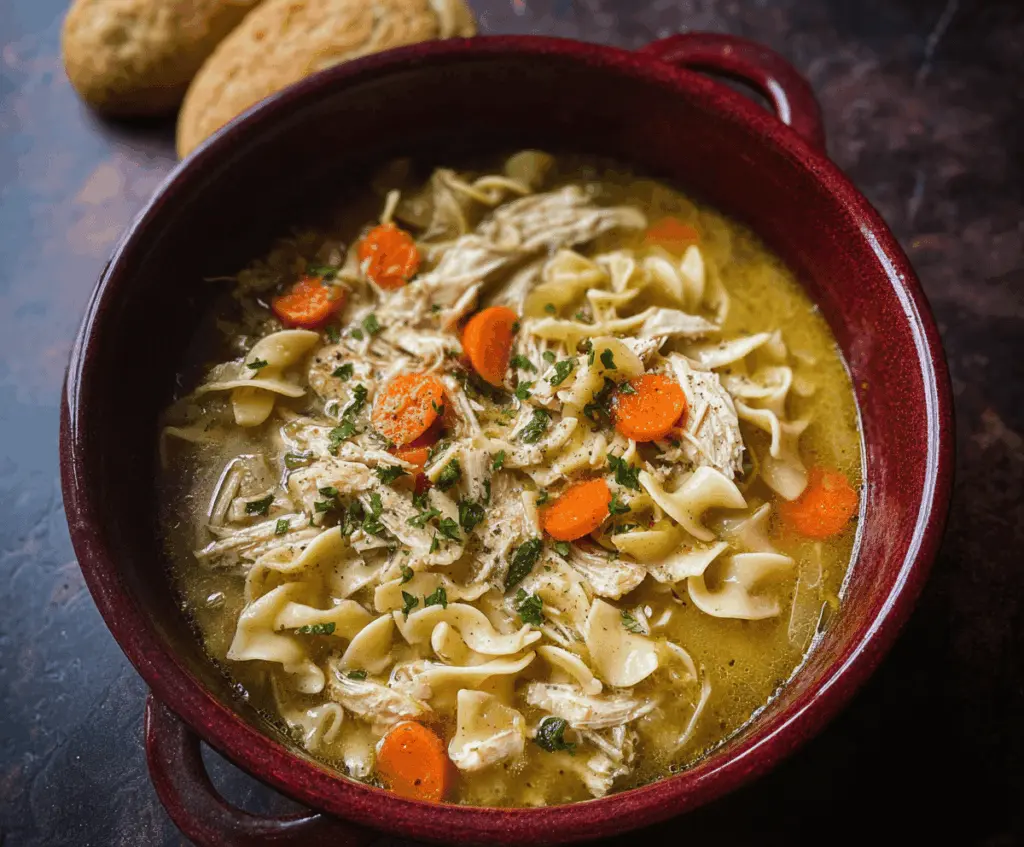 A steaming bowl of homemade Dutch Oven Chicken Noodle Soup with tender chicken, noodles, carrots, celery, and herbs in a rustic white bowl on a wooden table.