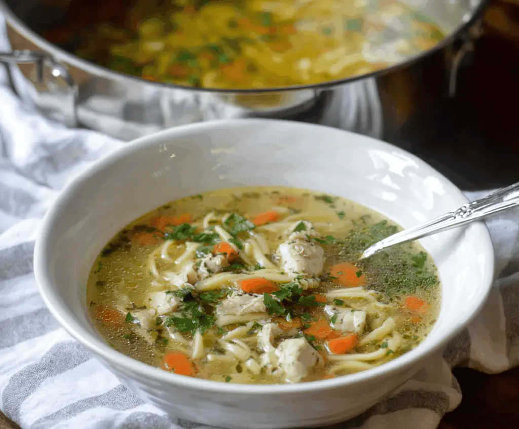 Creamy gluten-free chicken noodle soup with tender shredded chicken, colorful vegetables, and gluten-free noodles in a steaming bowl
