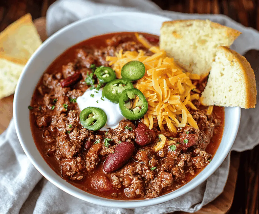 Hearty ground beef chili served in a bowl with toppings and fresh herbs, perfect for a comforting meal