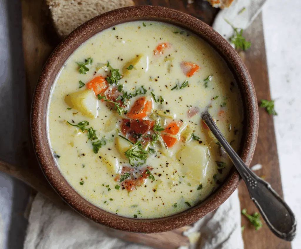 Creamy healthy potato soup garnished with fresh herbs in a rustic bowl, perfect for a comforting and nutritious meal.