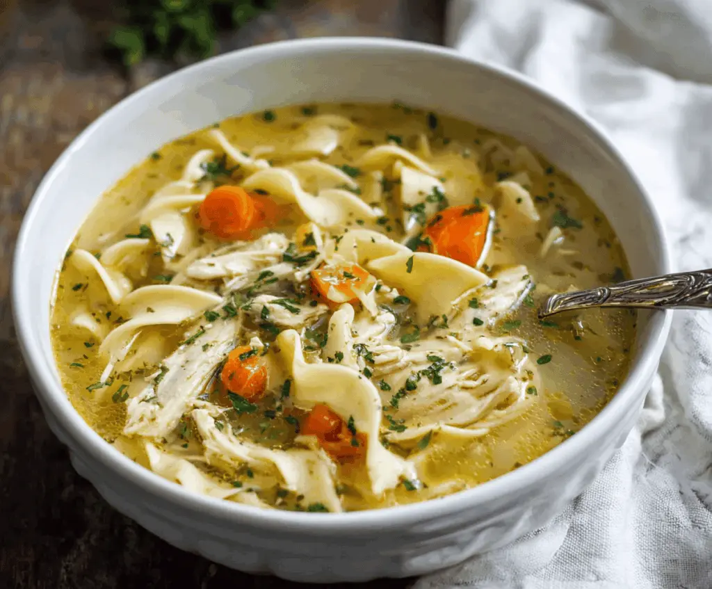Creamy and comforting Instant Pot Chicken Noodle Soup with tender chicken, vegetables, and hearty noodles in a flavorful broth