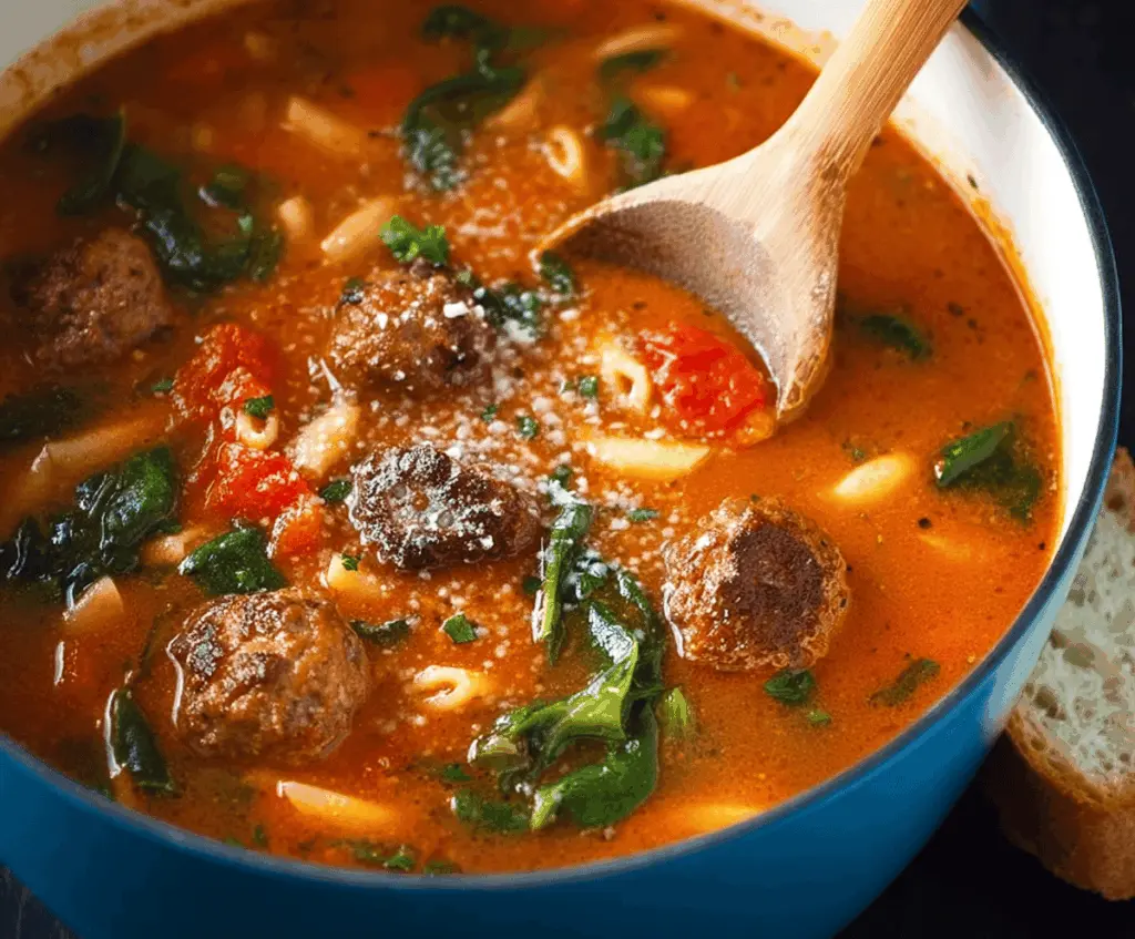 Hearty Italian Meatball Soup with fresh herbs, vegetables, and melted cheese in a bowl, perfect for a comforting meal.