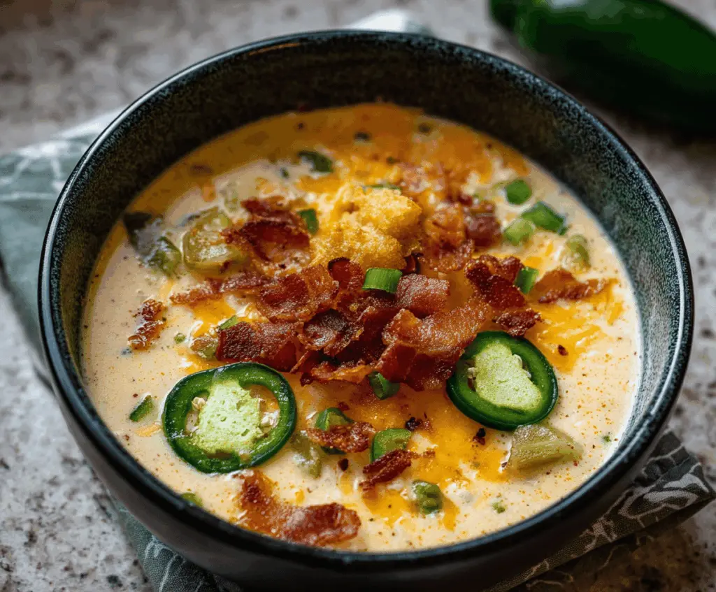 Creamy jalapeno popper soup garnished with shredded cheese, chopped bacon, and fresh herbs in a rustic bowl