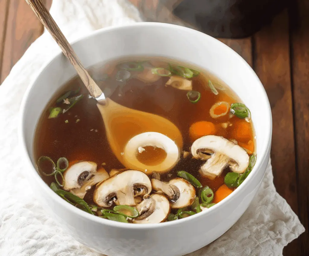 A bowl of traditional Japanese clear soup with sliced green onions, tofu, and seaweed garnishes, served in a white ceramic bowl.