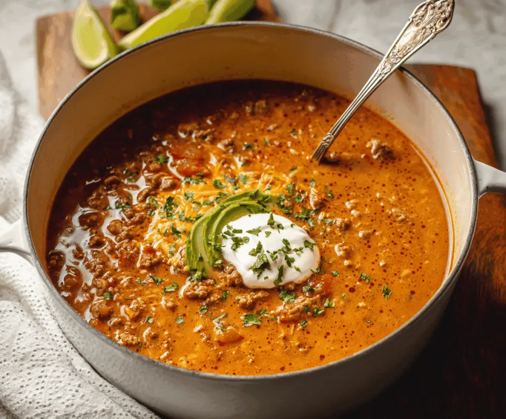 Delicious homemade Keto Taco Soup in a bowl with ground beef, tomatoes, cheese, and fresh herbs, perfect for low-carb dieting.