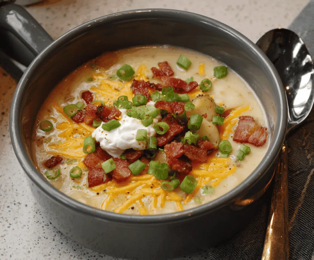 Creamy loaded baked potato soup topped with shredded cheese, crispy bacon bits, chopped green onions, and a dollop of sour cream in a rustic bowl.
