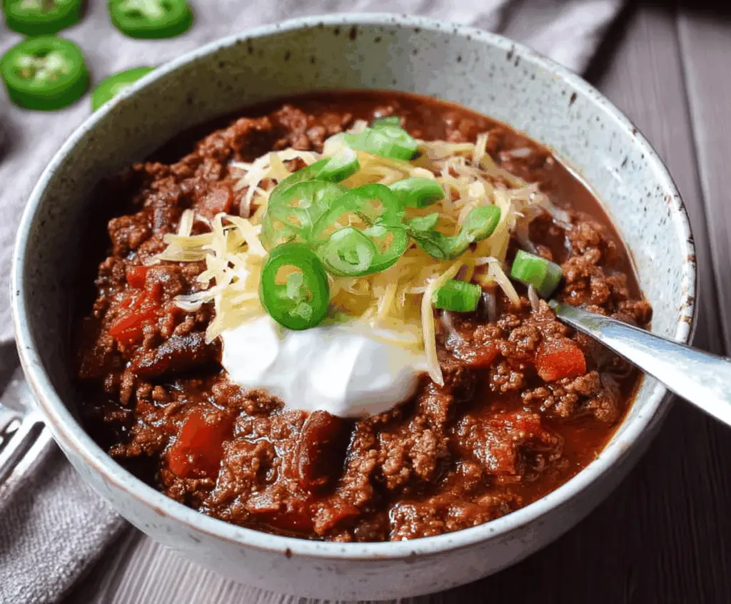 Hearty low-carb chili in a bowl with ground beef, beans, and vegetables, garnished with fresh herbs