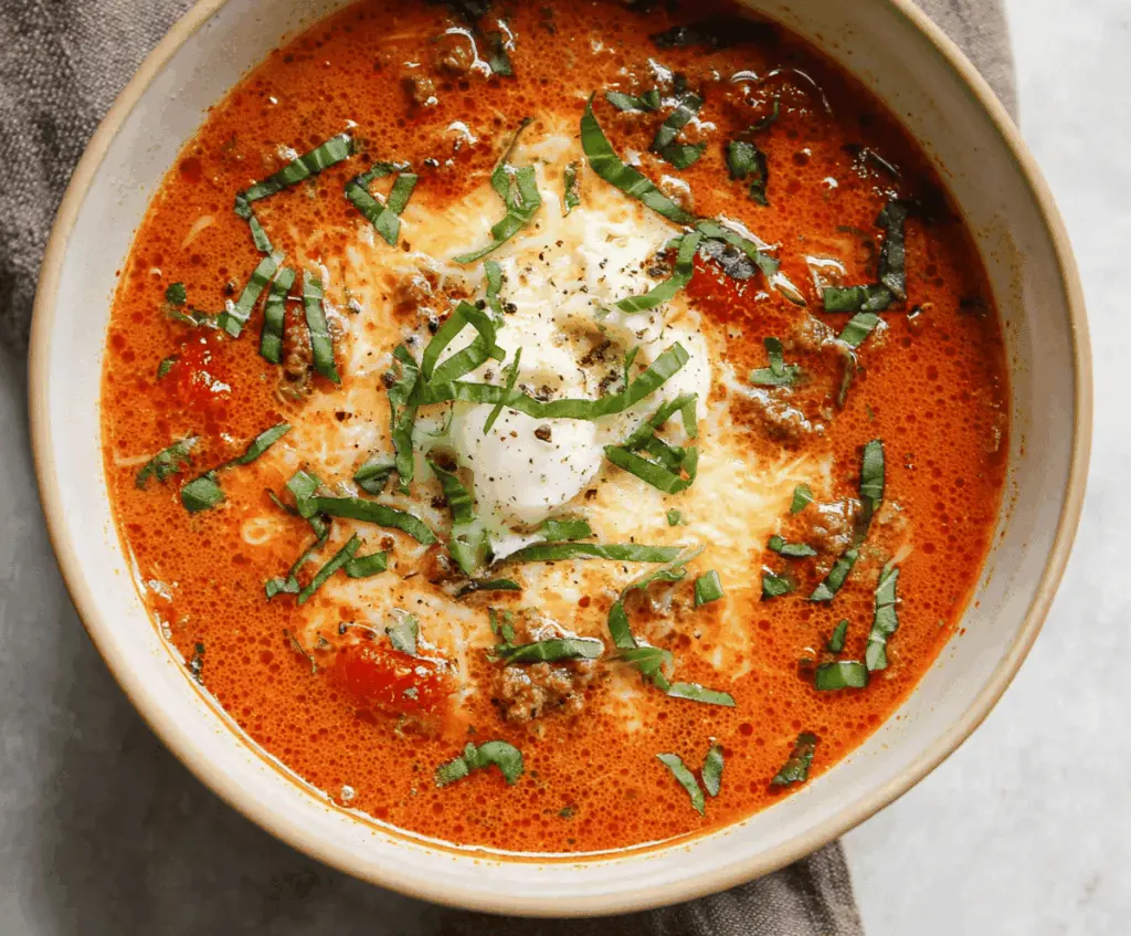 Hearty low-carb lasagna soup in a bowl topped with melted cheese, fresh basil, and zucchini noodles, served with crusty bread on the side.